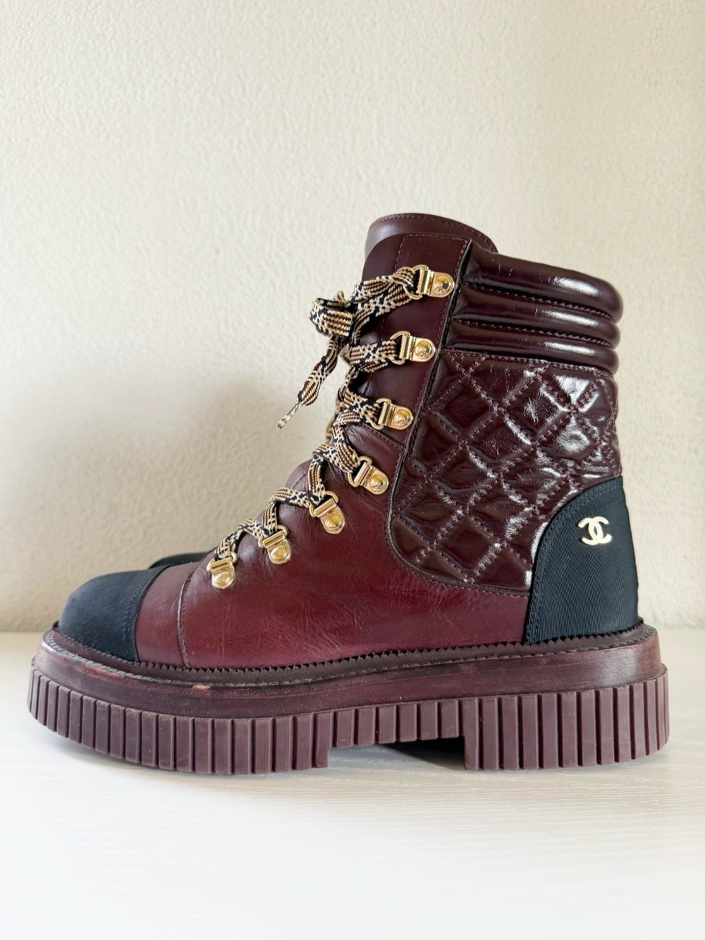 Chanel 2021 Burgundy Black Quilted Leather Combat Boots EU 38.5